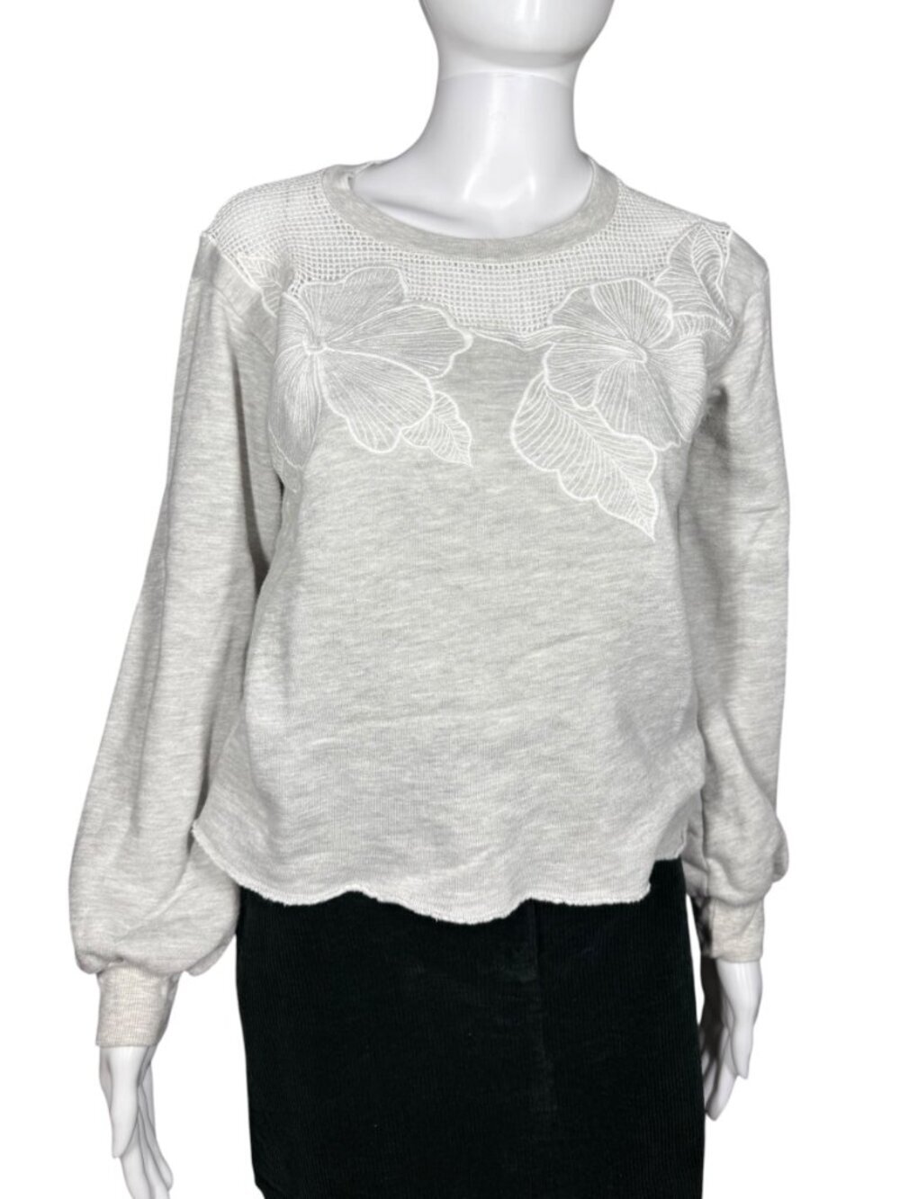 Nation Hibiscus Lace Floral Inlay Gray Fleece Pullover Sweatshirt Womens XS